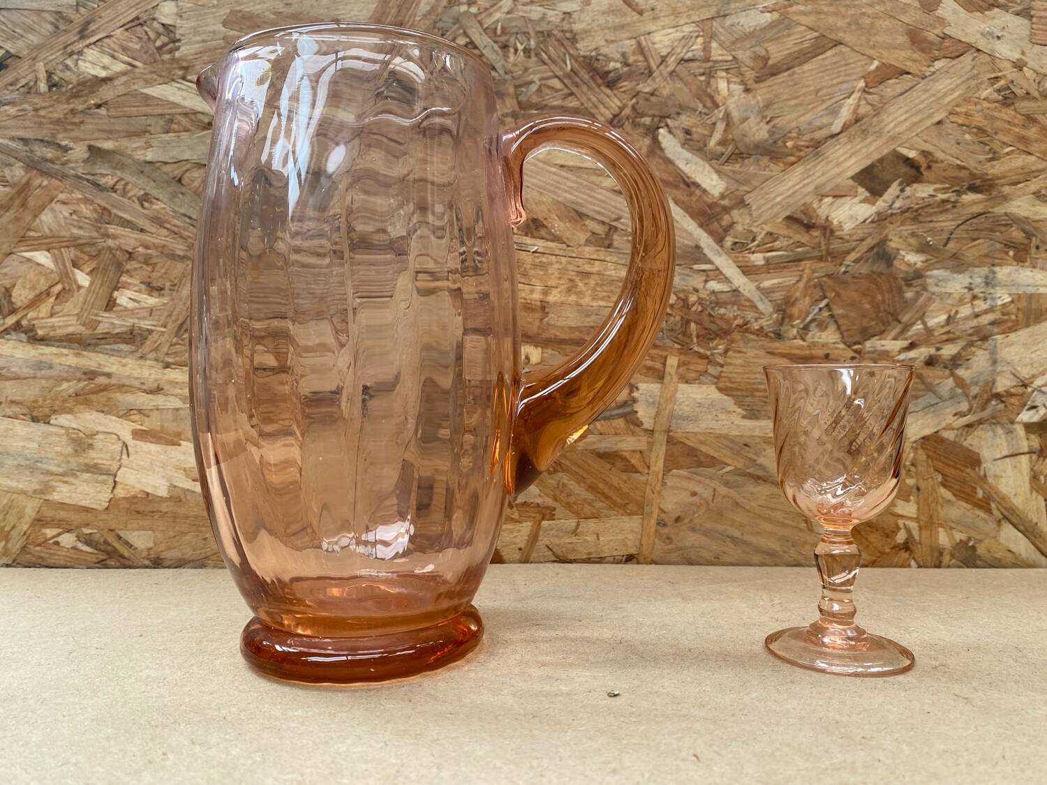 Antique Pink Blown Glass Pitcher Set + 6 Vintage Liqueur Glasses