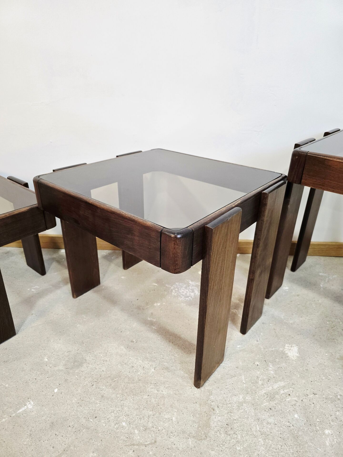 1970s Meblo Frattini Nesting Tables with Smoked Glass