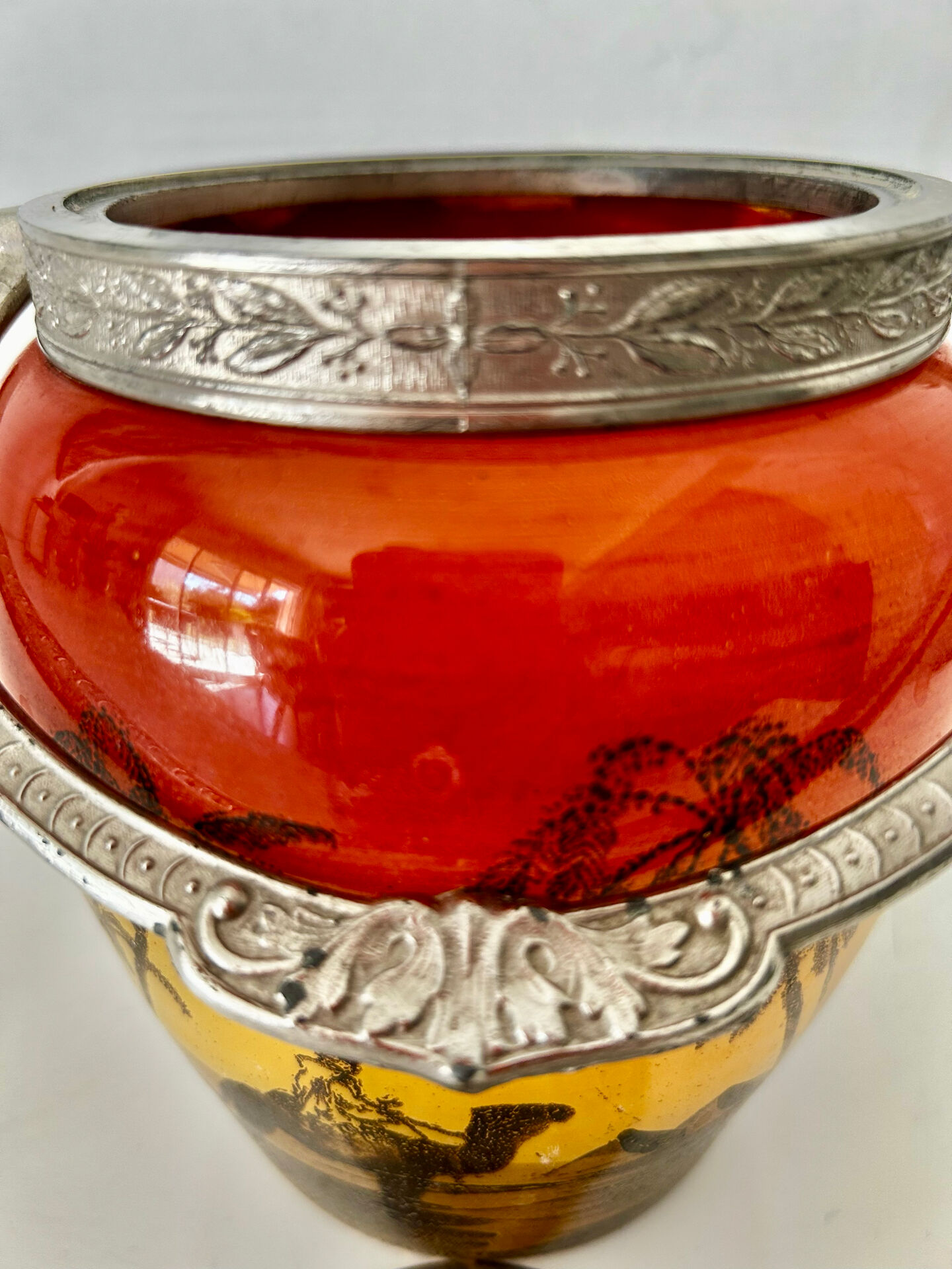 Art Deco biscuit jar in tango orange glass - Egypt Desert decor