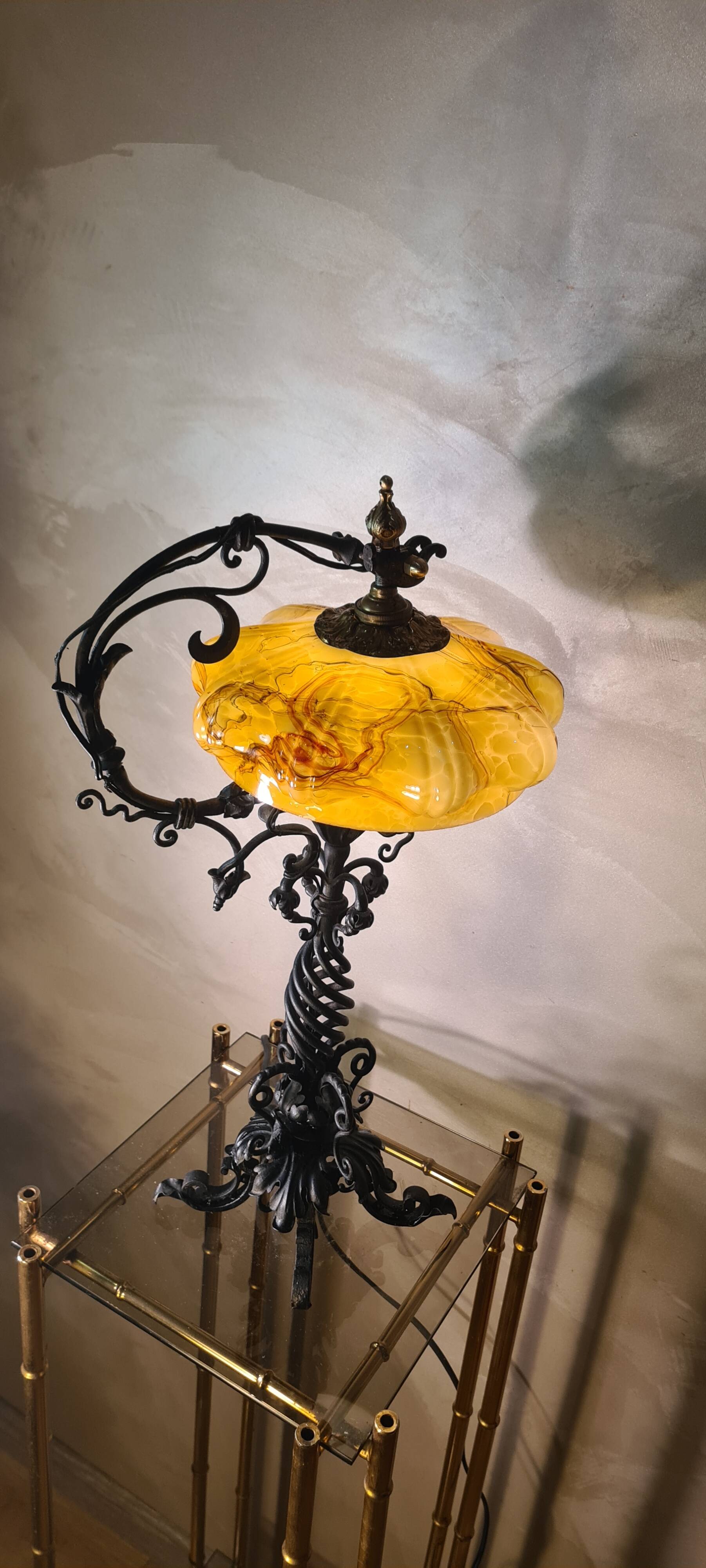 large wrought iron work lamp Andalusian style 1900 marbled opaline,,,, 49x25 magnificent and rare