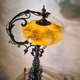 large wrought iron work lamp Andalusian style 1900 marbled opaline,,,, 49x25 magnificent and rare