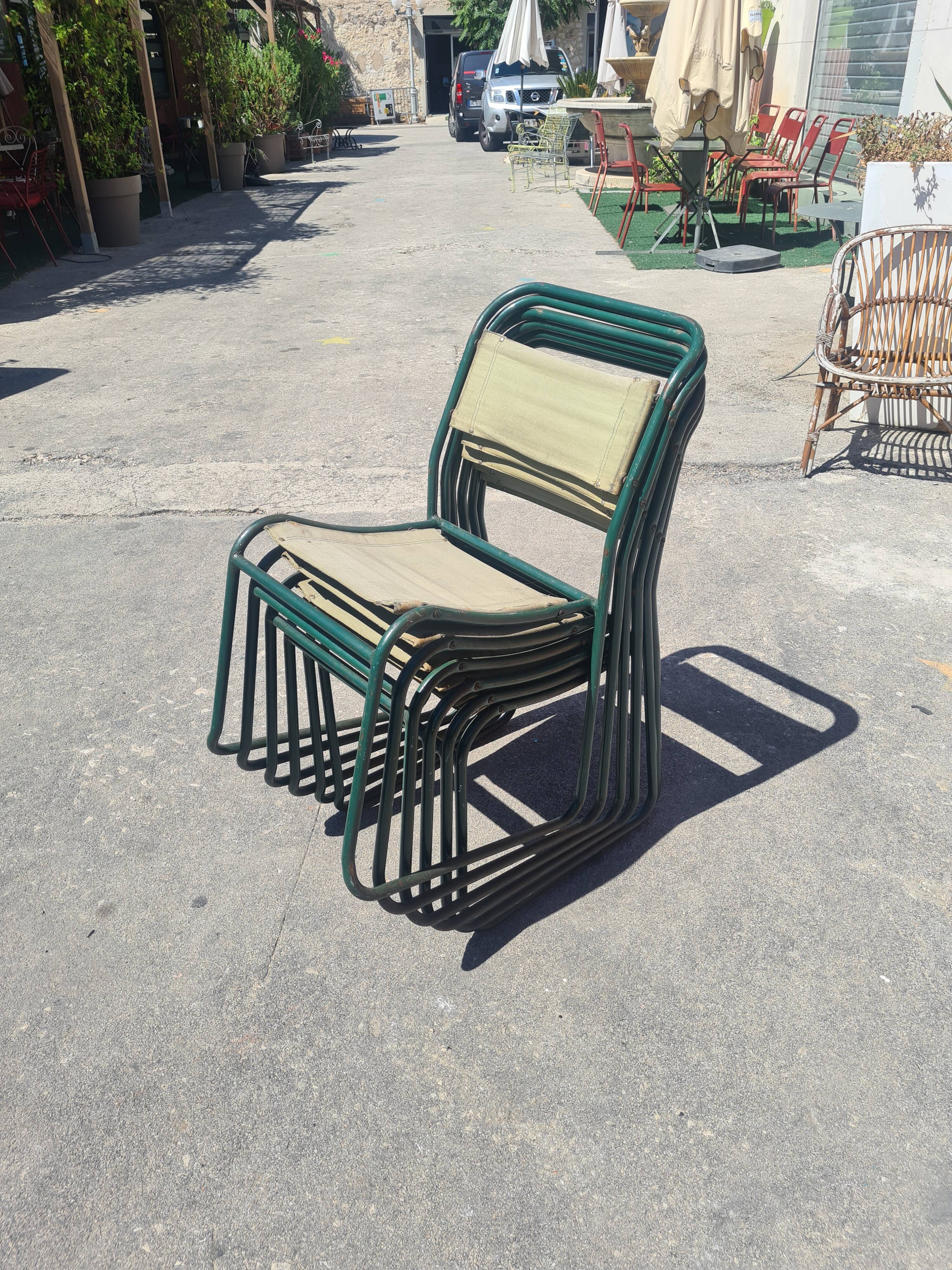 Series of 6 stackable military chairs modernist canvas and metal