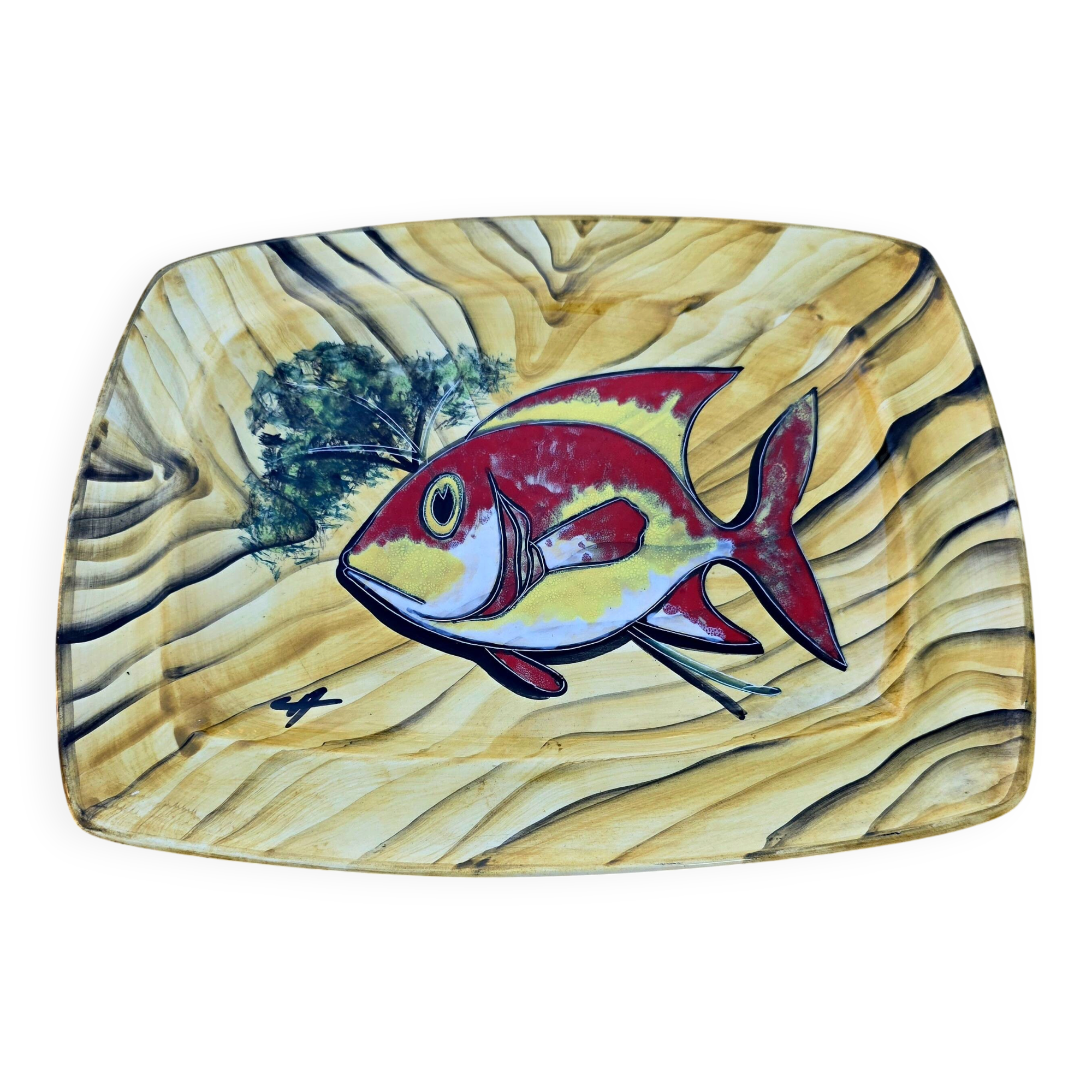 Large Wall Plate signed Vintage Vallauris – Bark & Fish Decor – 38