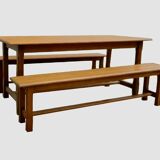 Farm table set and its 2 benches solid golden light wood