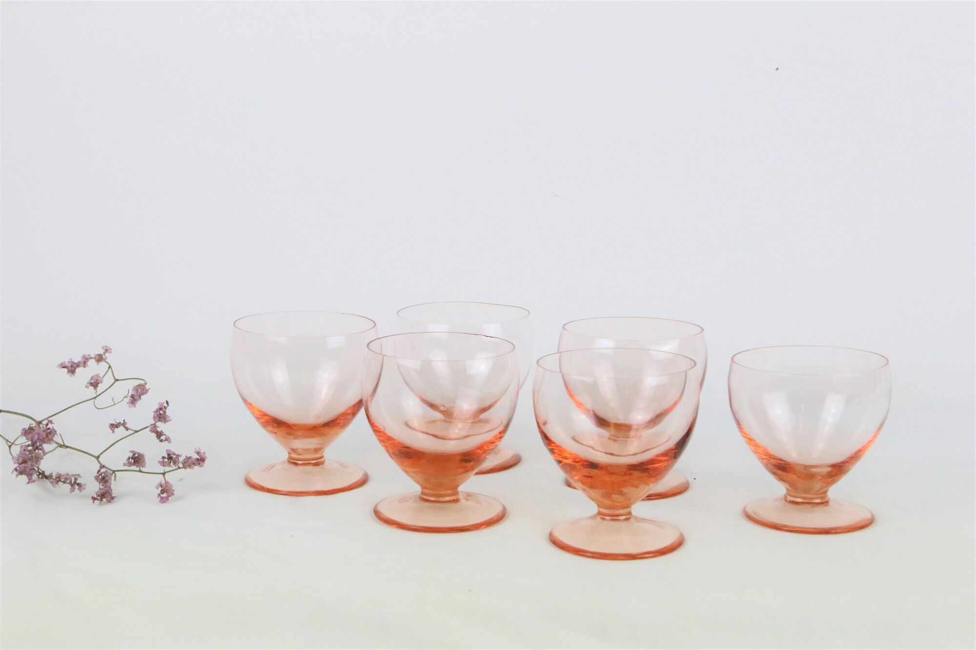 Set of 6 walking glasses in pink crystal, vintage, 1950, mid century