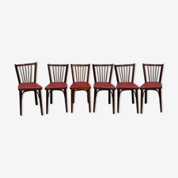 6 Chaises baumann bistrot troquet parisien bois de hêtre et skaÏ rouge - ancien et vintage