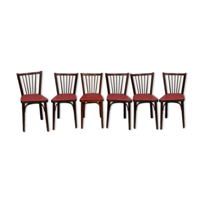 6 Chaises baumann bistrot troquet parisien bois de hêtre et skaÏ rouge - ancien et vintage