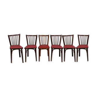 6 Chaises baumann bistrot troquet parisien bois de hêtre et skaÏ rouge - ancien et vintage