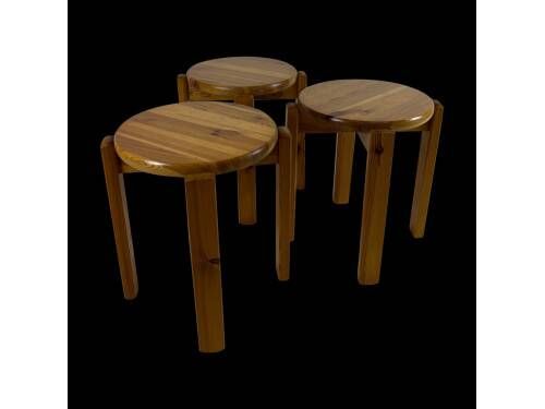 Set of three solid pine stools, 1970s.