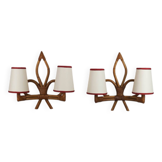 Pair of rattan wall lights from the 1950s-1960s.