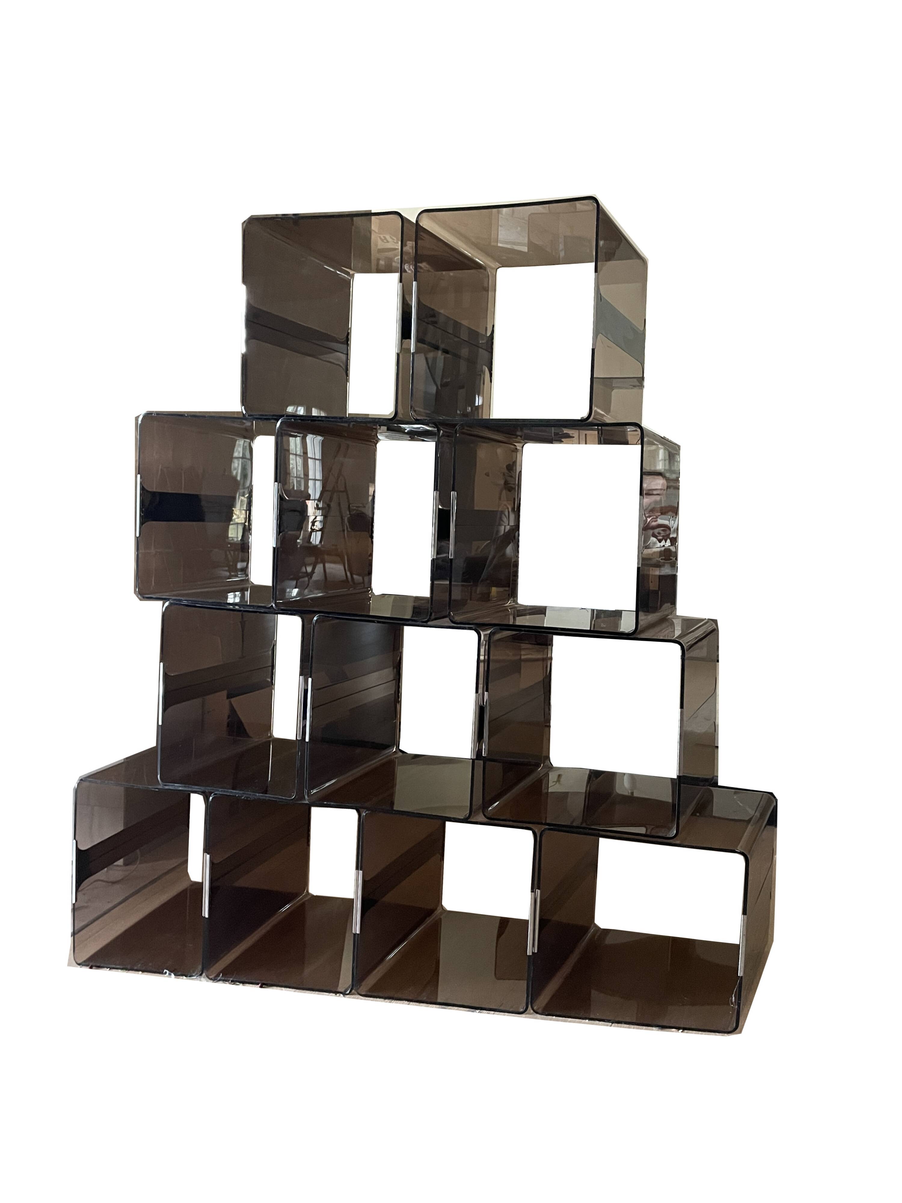 Set of 12 smoked plexi lockers and chrome insert by Michel DUMAS, 1970s