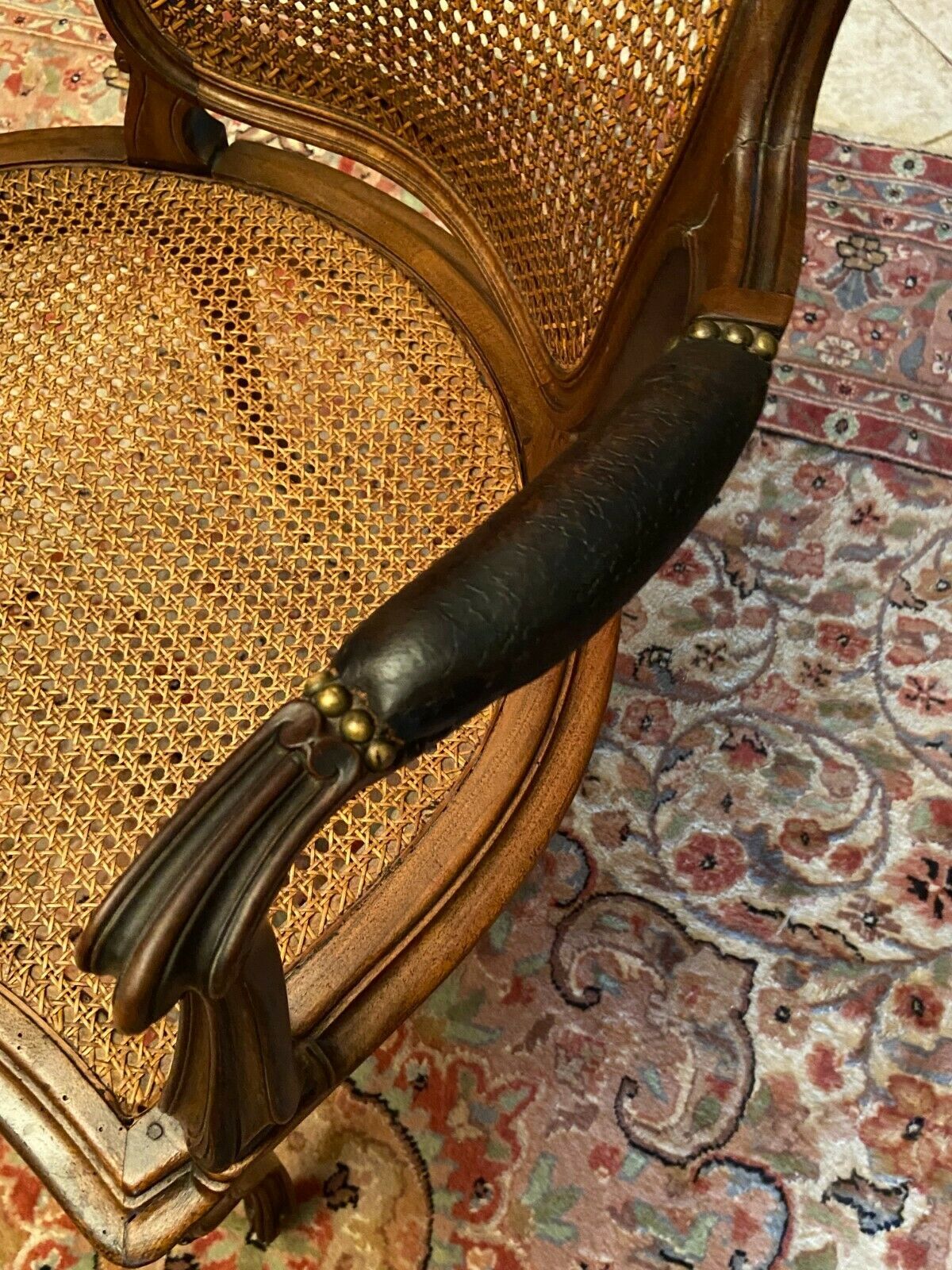 Solid walnut office chair seat and backrest caned Louis XV style