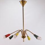 Vintage chandelier 1950, 6 arms, brass and colors, 60cm in diameter