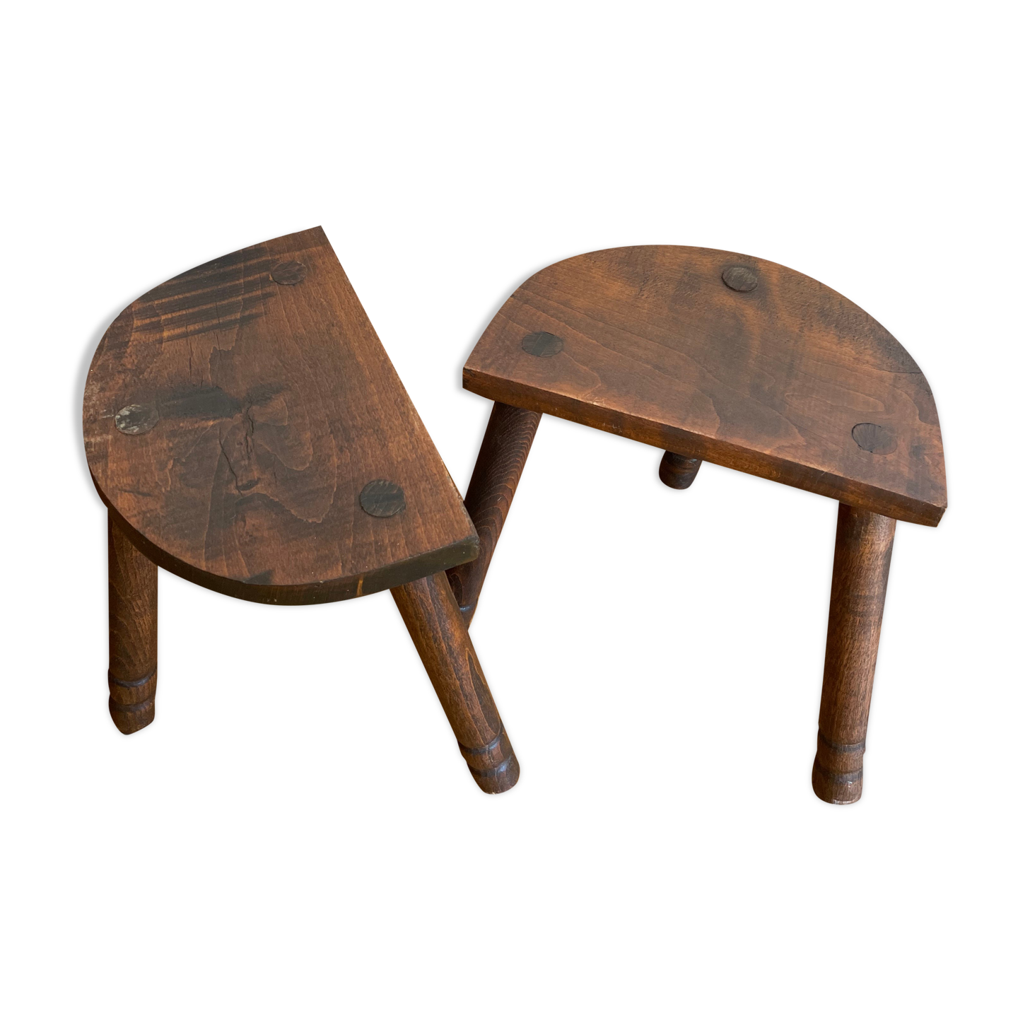 Duo of tripod oak stools