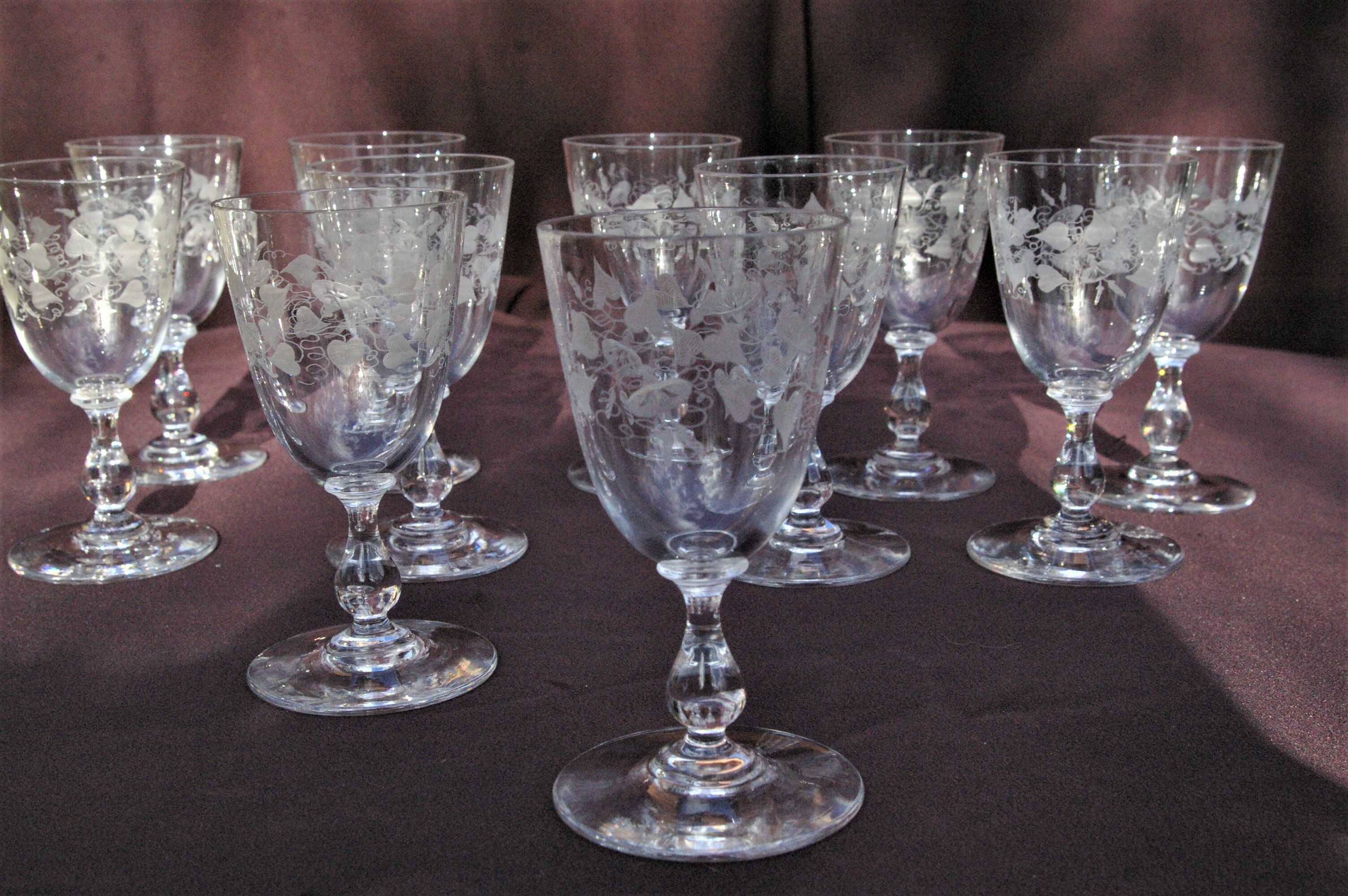 Set 11 Port Glasses White Wine Art Nouveau Crystal engraved Liseron
