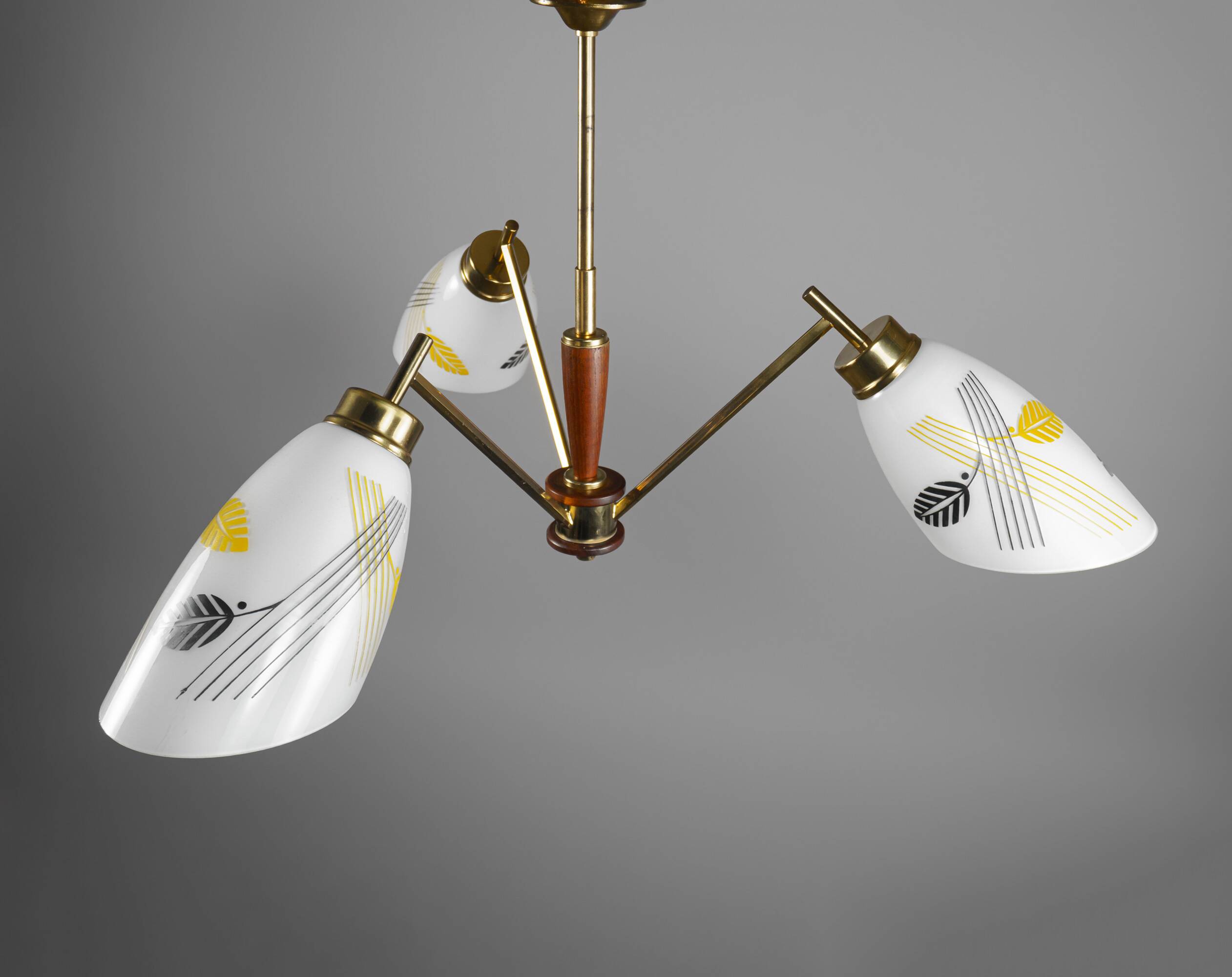 1950s Mid-Century French Glass, Brass & Teak 3-Arm Chandelier