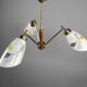 1950s Mid-Century French Glass, Brass & Teak 3-Arm Chandelier