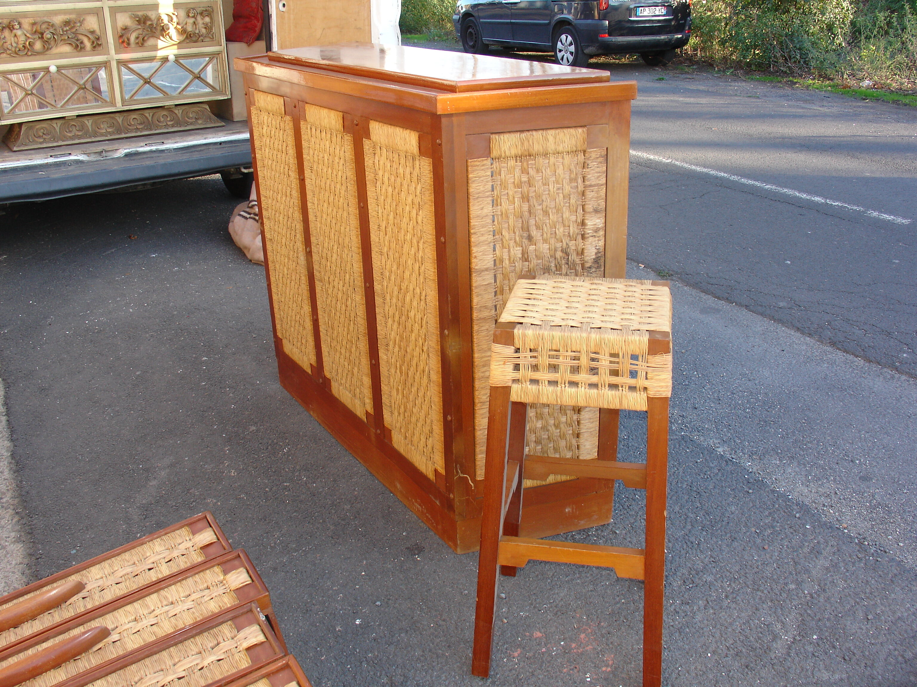 Mahogany and straw bar, made in Mexico around 1950