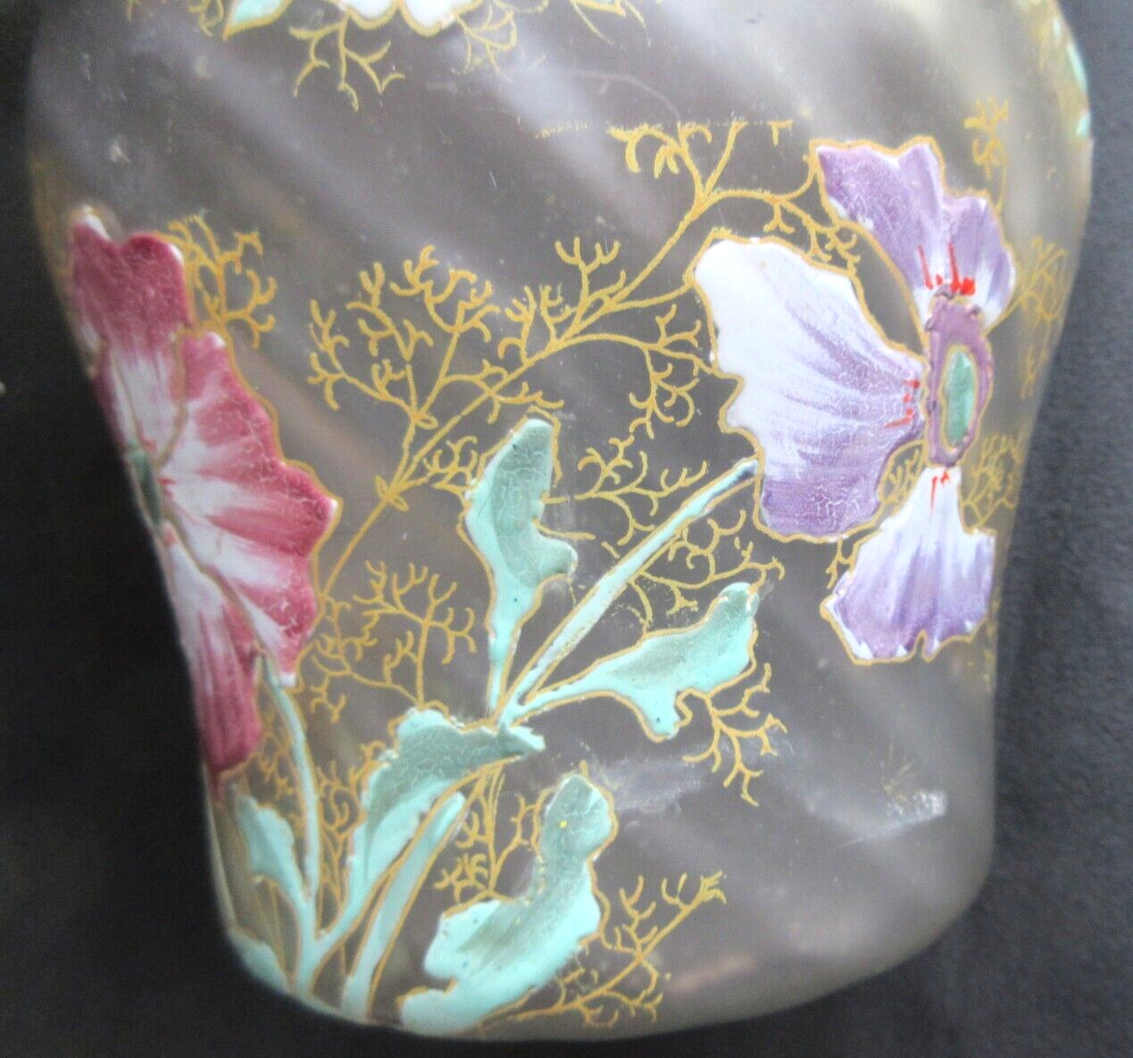 Seau à biscuits 1900, en verre torsadé émaillé Legras: Les pavots