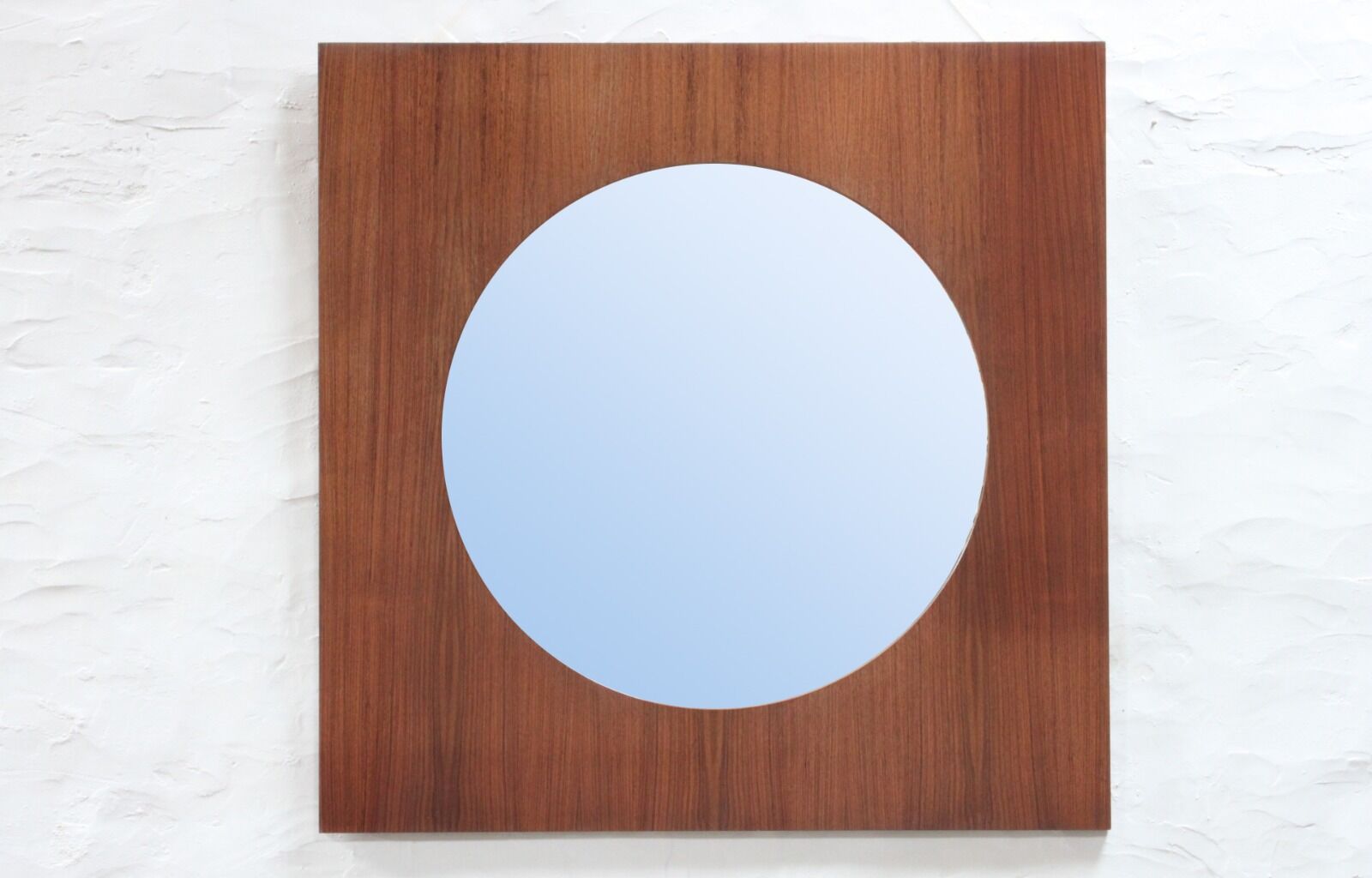 Large teak wooden mirror, round with a square frame, 1960s.