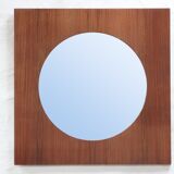 Large teak wooden mirror, round with a square frame, 1960s.