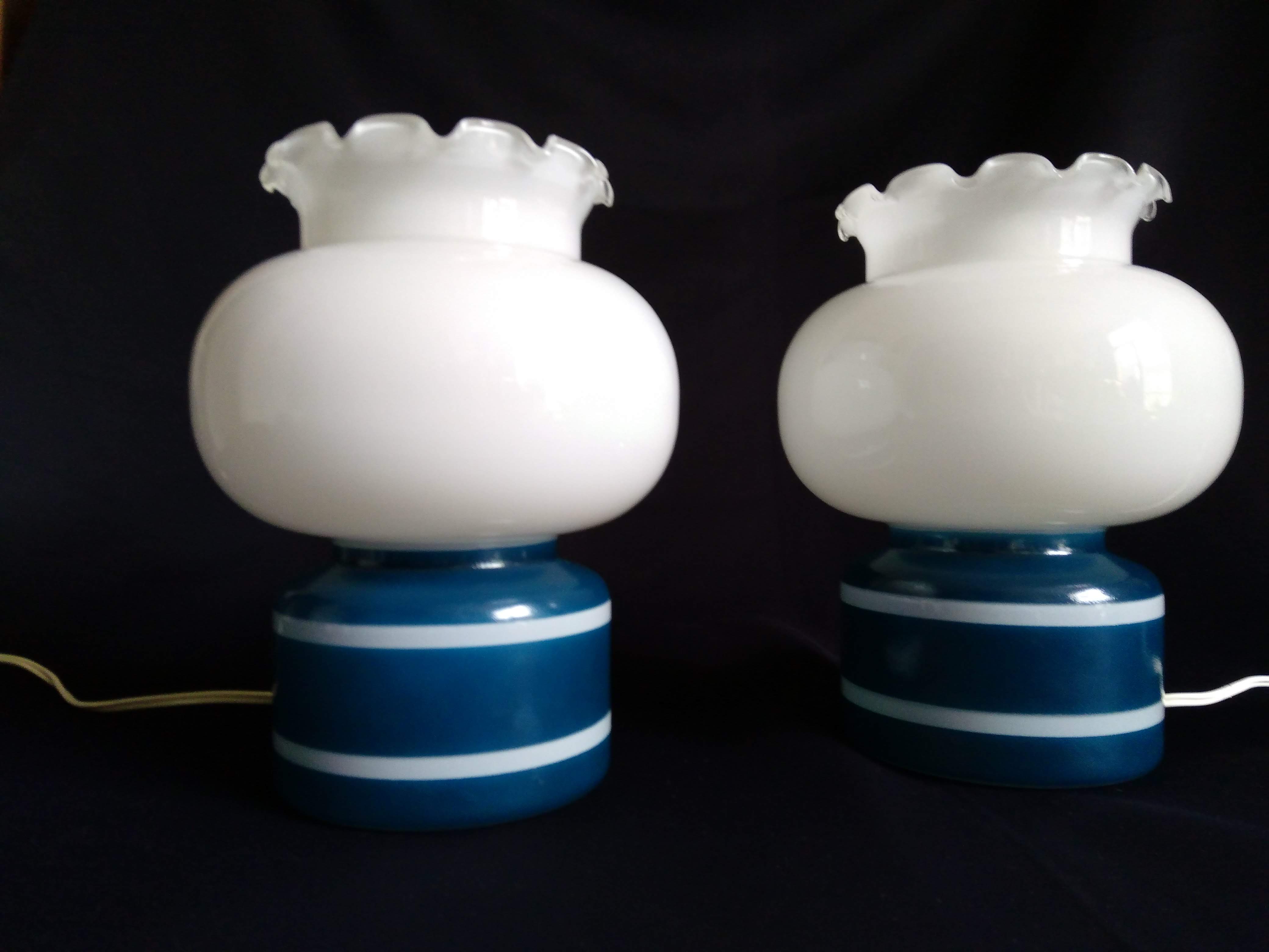 Pair of duck blue and white opaline lamps