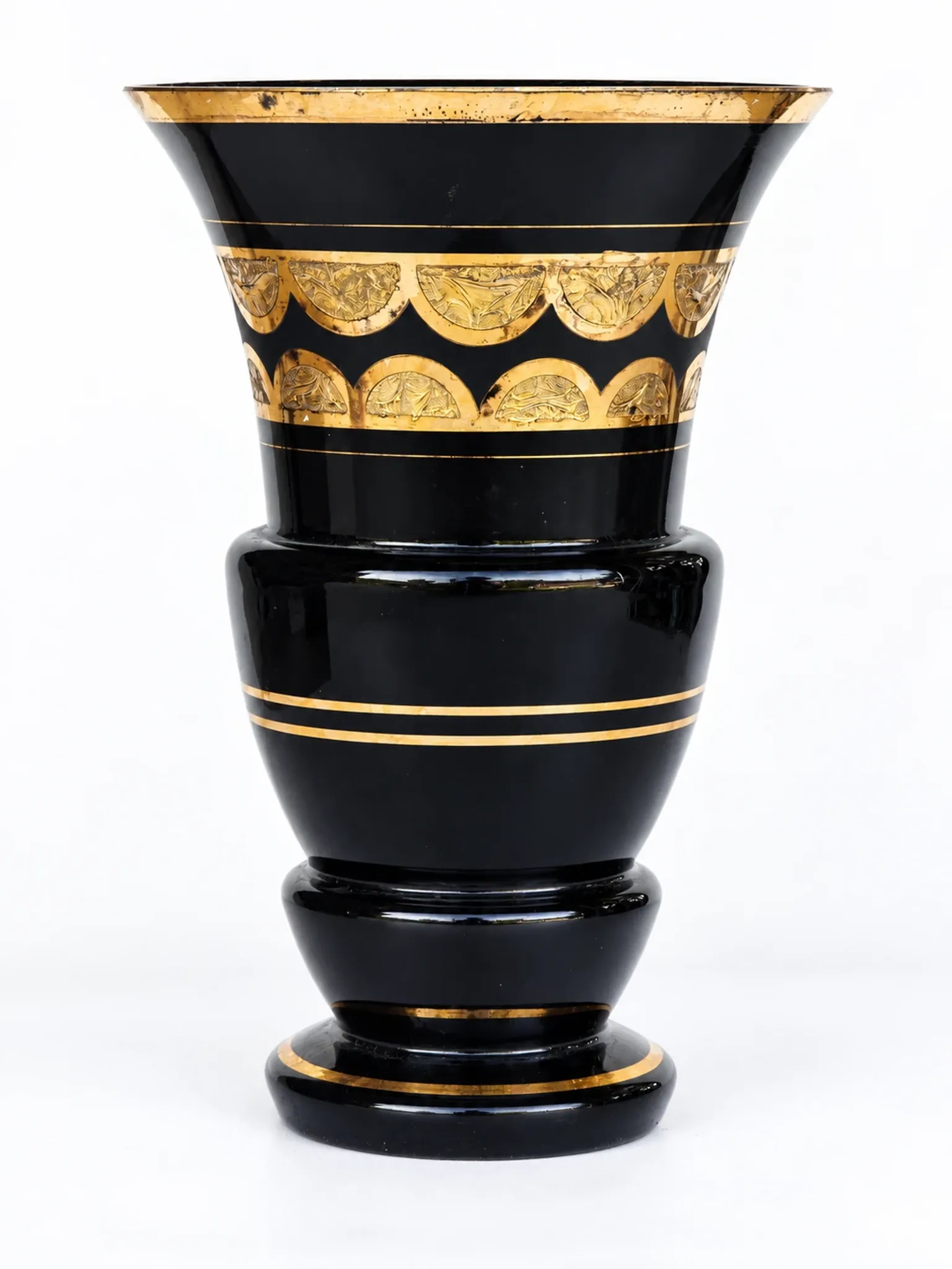 Superb Large Art Deco Ruppel Boom Vase – Black Glass with Fine Gold Gilding