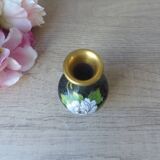 Miniature vase in black and gold cloisonné brass with peonies and flowers decor Vintage