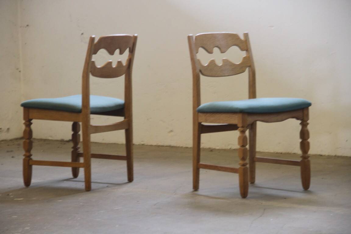 1960s Danish brutalist oak Razorblade dining chairs attributed to Henning Kjærnulf