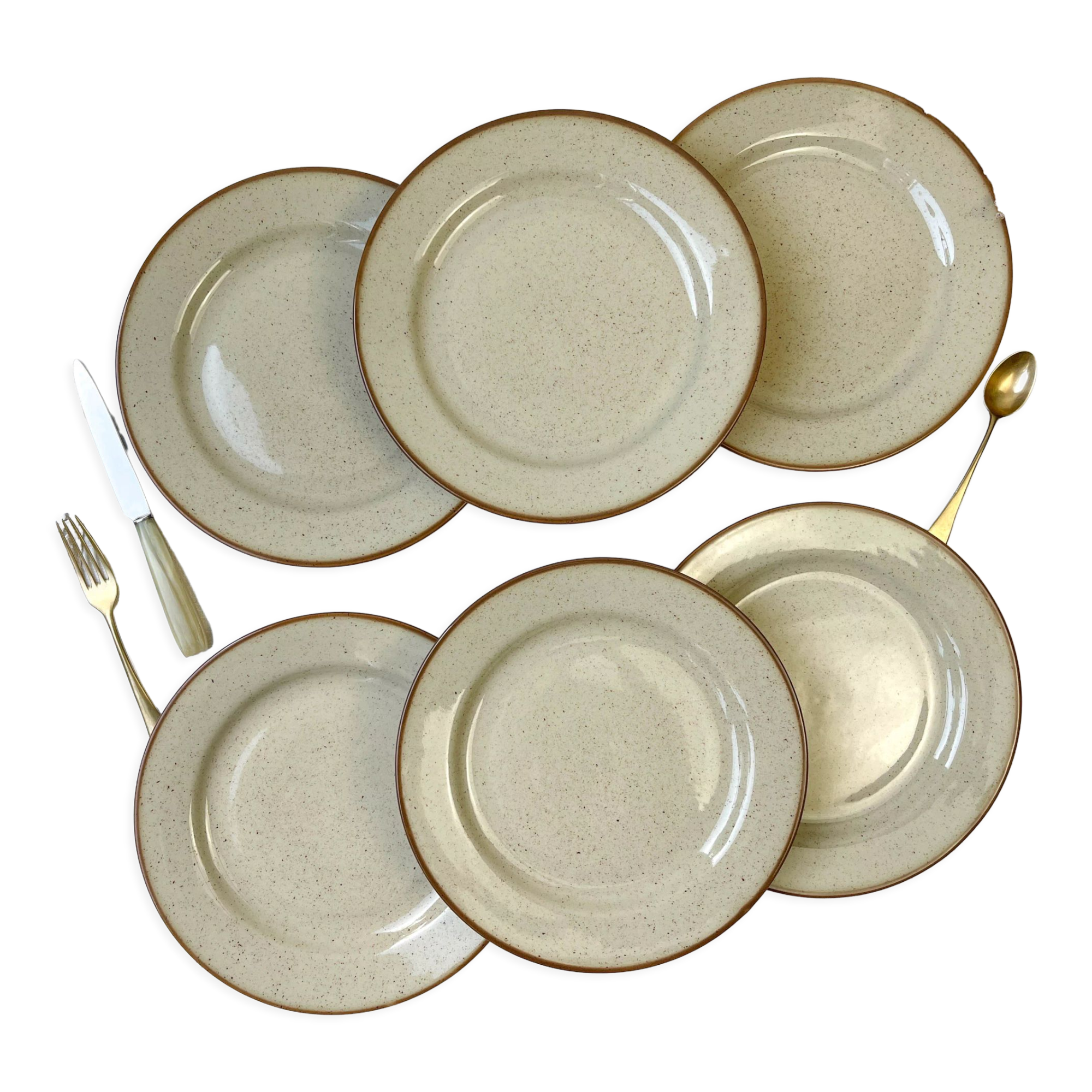 6 flat plates in speckled beige stoneware Tulowice Poland 1970