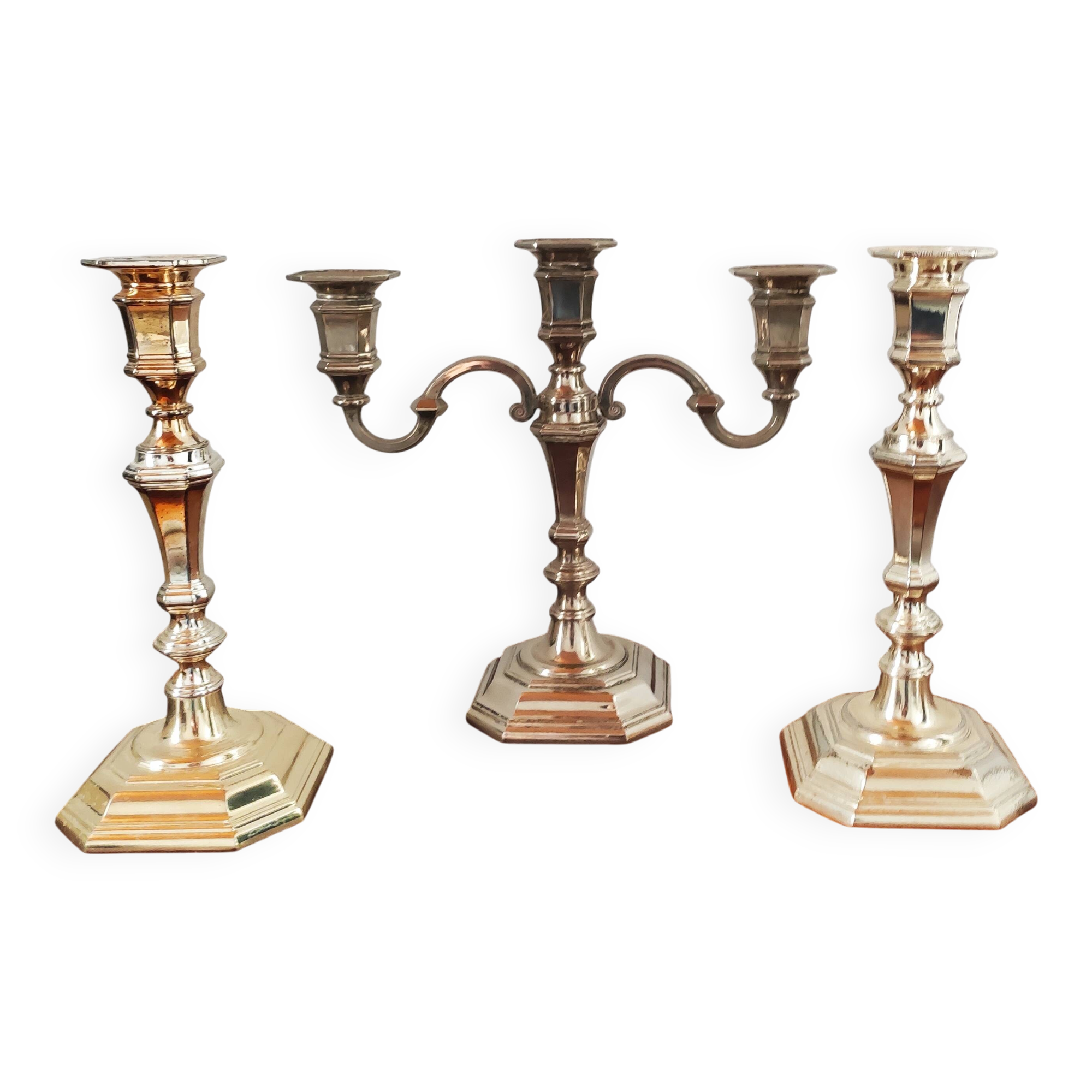 Antique silver-plated metal candlestick and candle holders