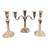 Antique silver-plated metal candlestick and candle holders