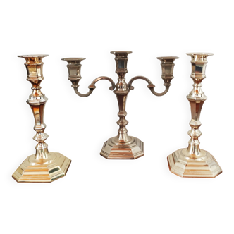 Antique silver-plated metal candlestick and candle holders