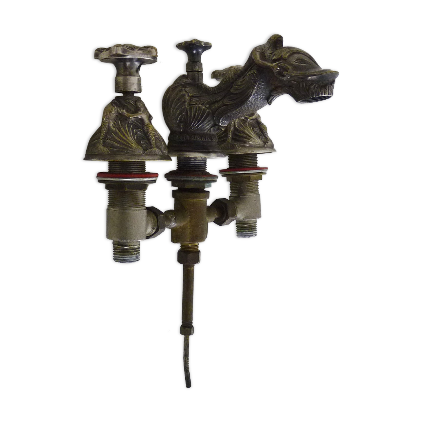 Old bathtub faucet, silver bronze kitchen with dolphin head and mermaid