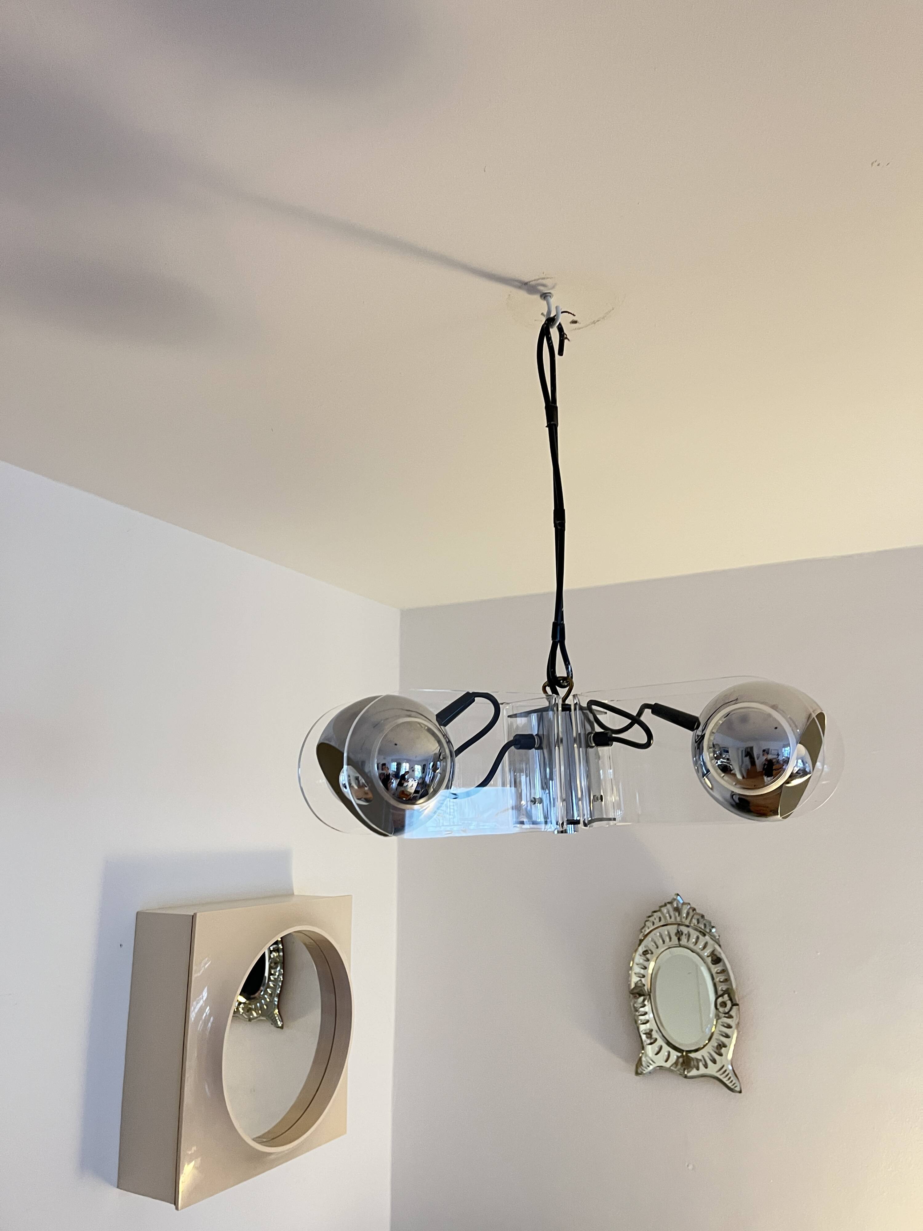 Vintage Chrome & Acrylic Pendant Lamp in the Style of Gino Sarfatti , 1970s