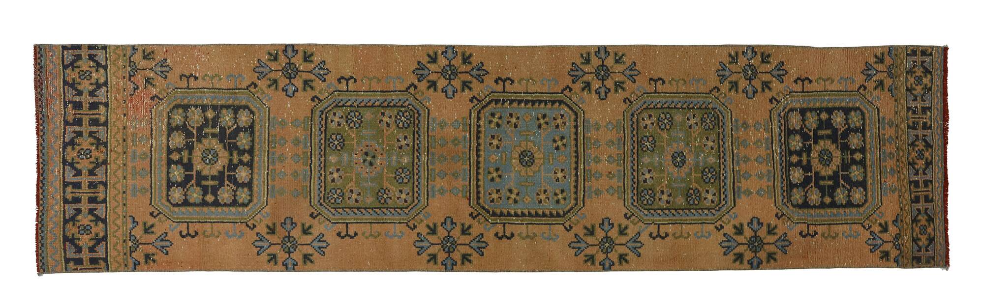 One-of-a-kind turkish handwoven vintage rug - rustic vintage charm 343x 80