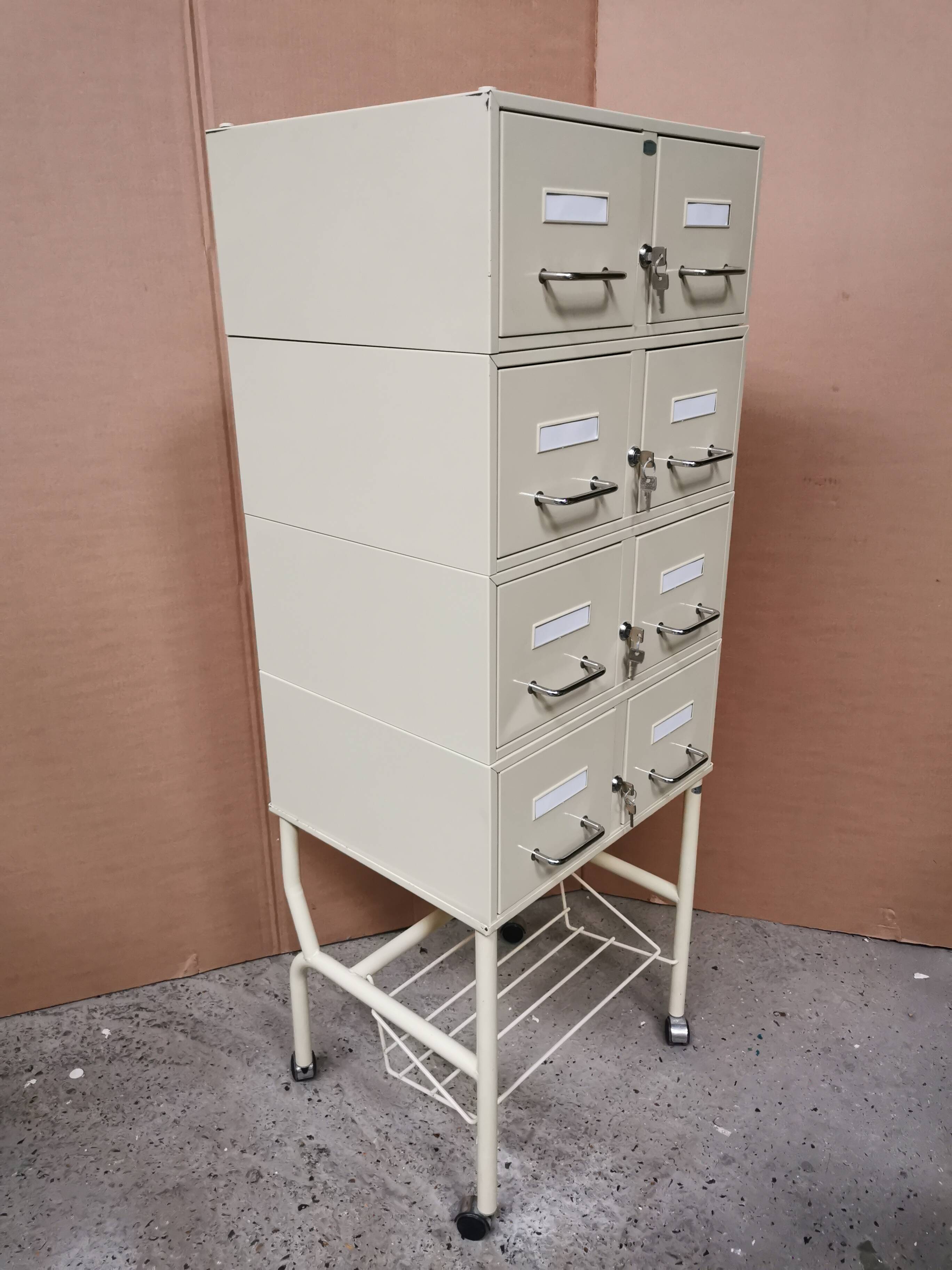 Vintage storage unit, 8 lockers, industrial design in metal