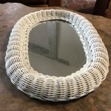 Oval mirror in vintage white woven wicker 1970