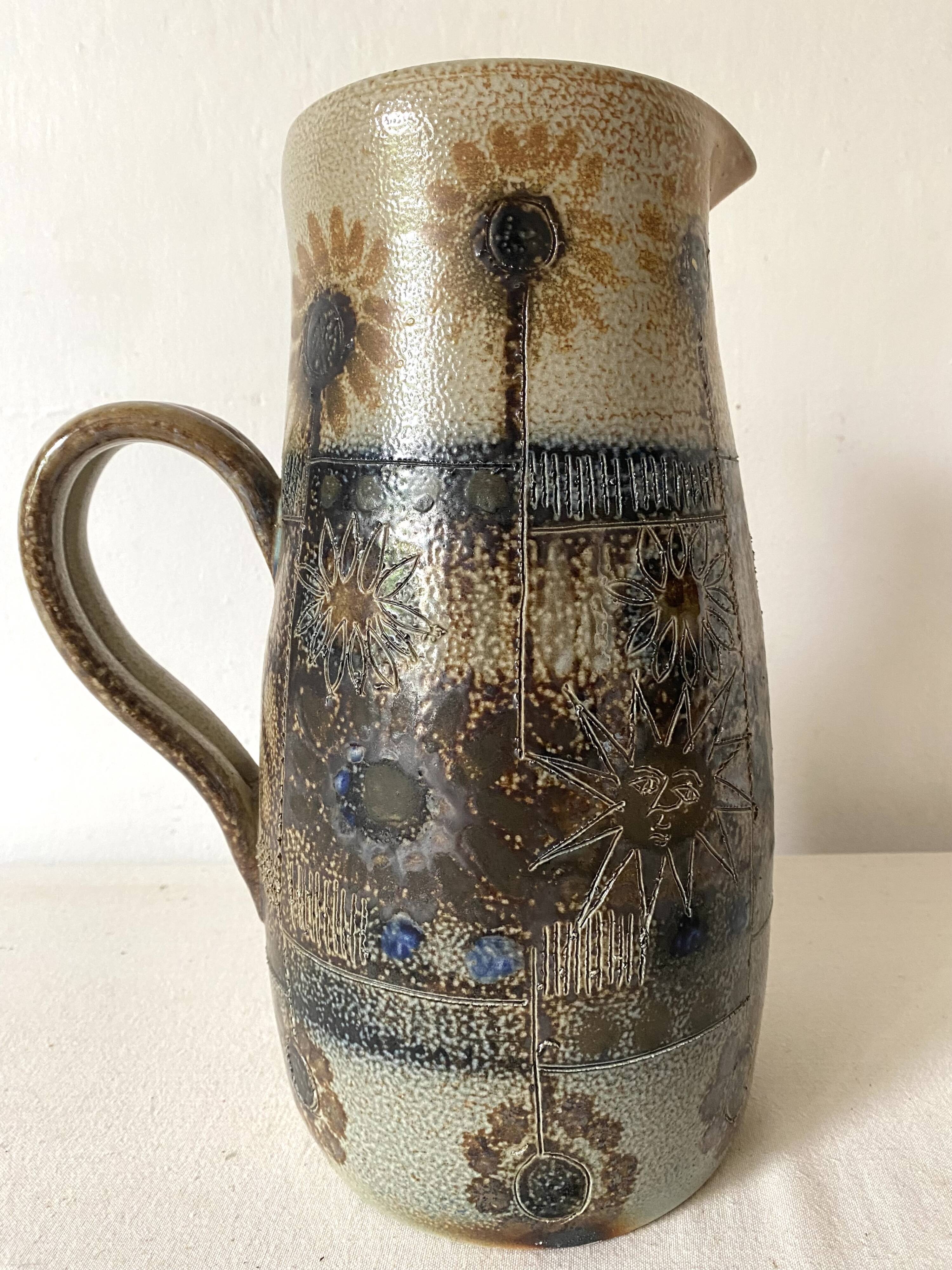 Large enamelled stoneware pitcher JC Courjault Kéraluc signed 31 cm, 1970s