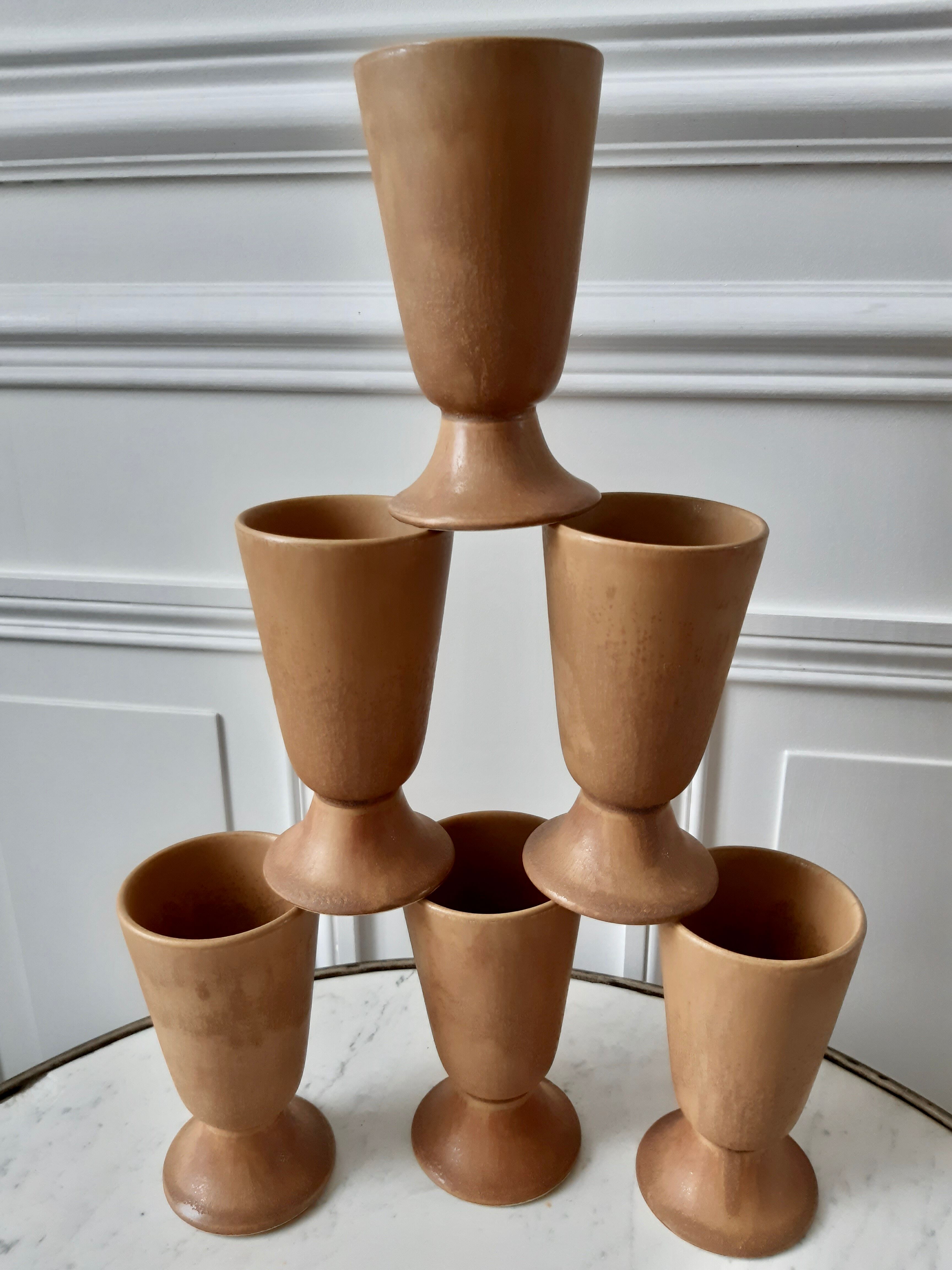 Tea teapot and mazagrans service in terracotta, vintage sandstone