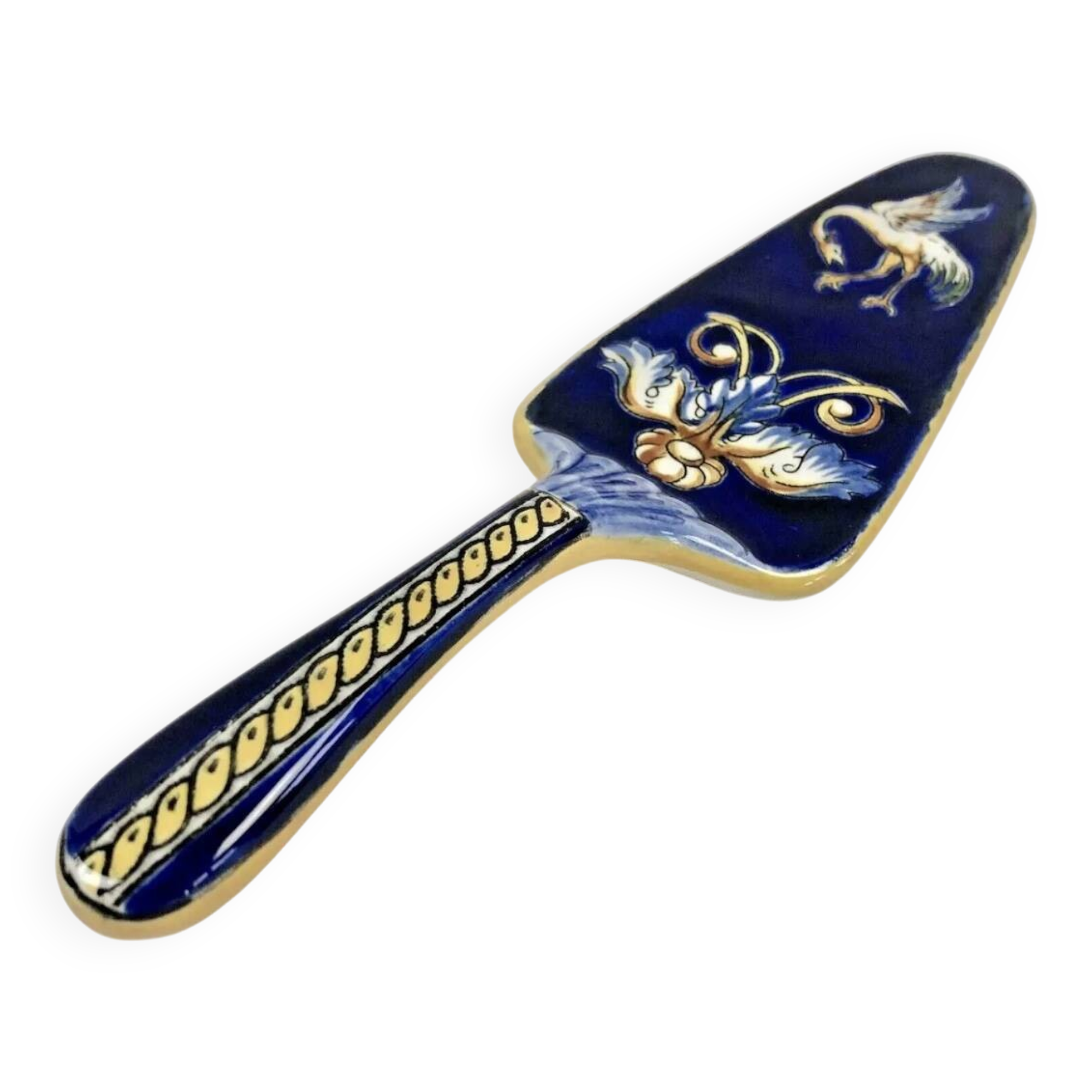 Antique Gien Renaissance cake shovel, blue background, 1941/1950