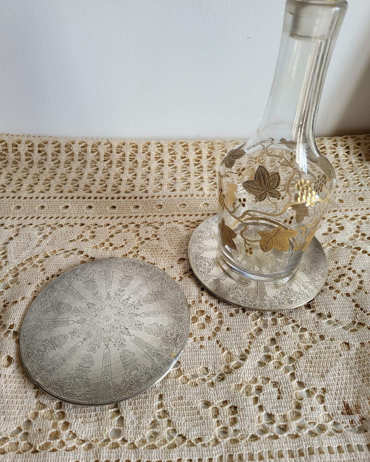 Set of 2 Silver-Plated Metal Coasters for Carafes or Bottles, Swedish