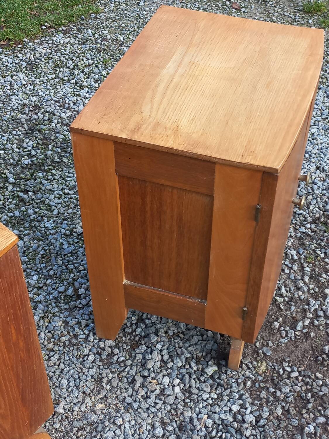 Pair of vintage bedside tables in blond and gilded oak from the 50s