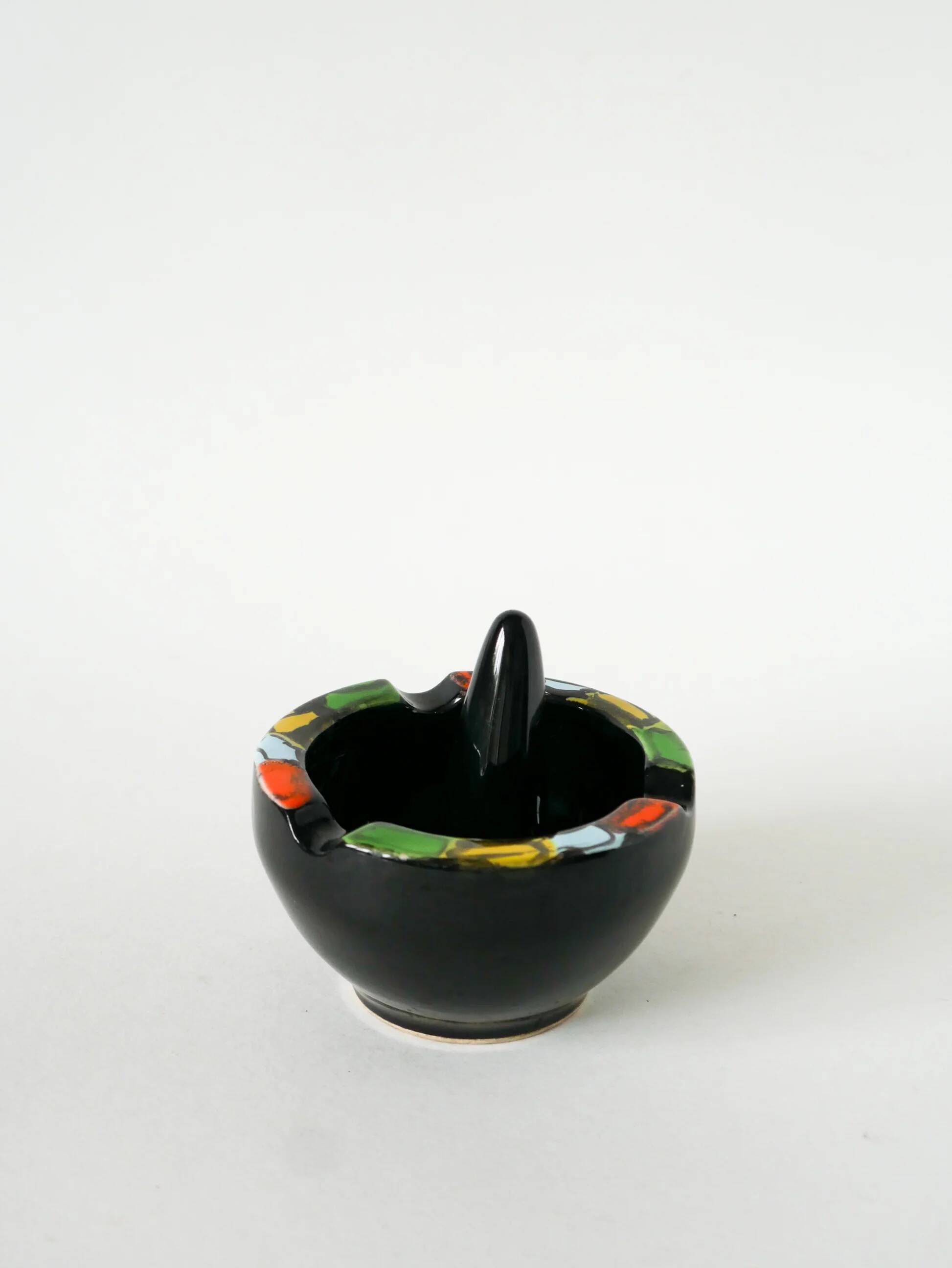 Large ceramic mortar, black & multicoloured, 1960