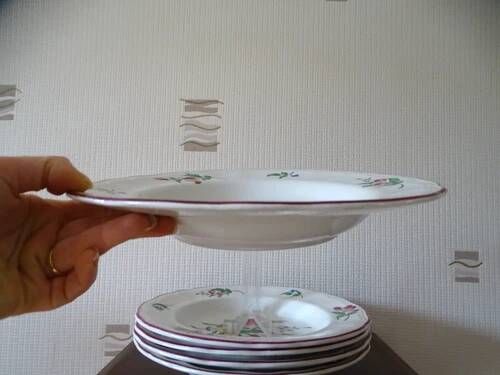 Kg luneville "réverbère" 5 deep plates earthenware hand-painted flowers ø 25 cm
