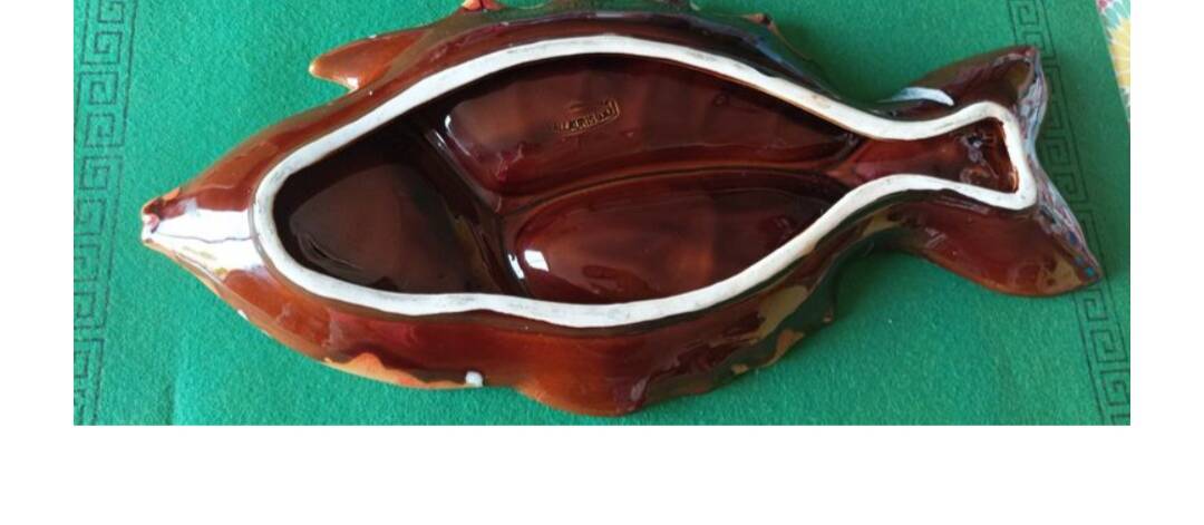 Large brown and orange Vallauris fish-shaped dish