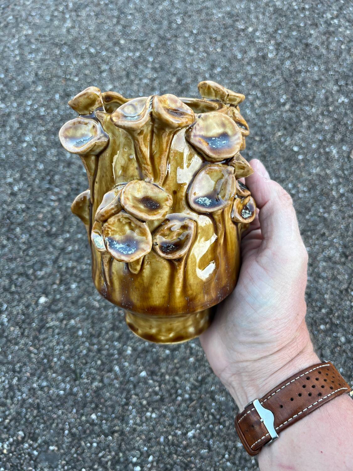 Vintage ceramic vase with mushroom relief decoration