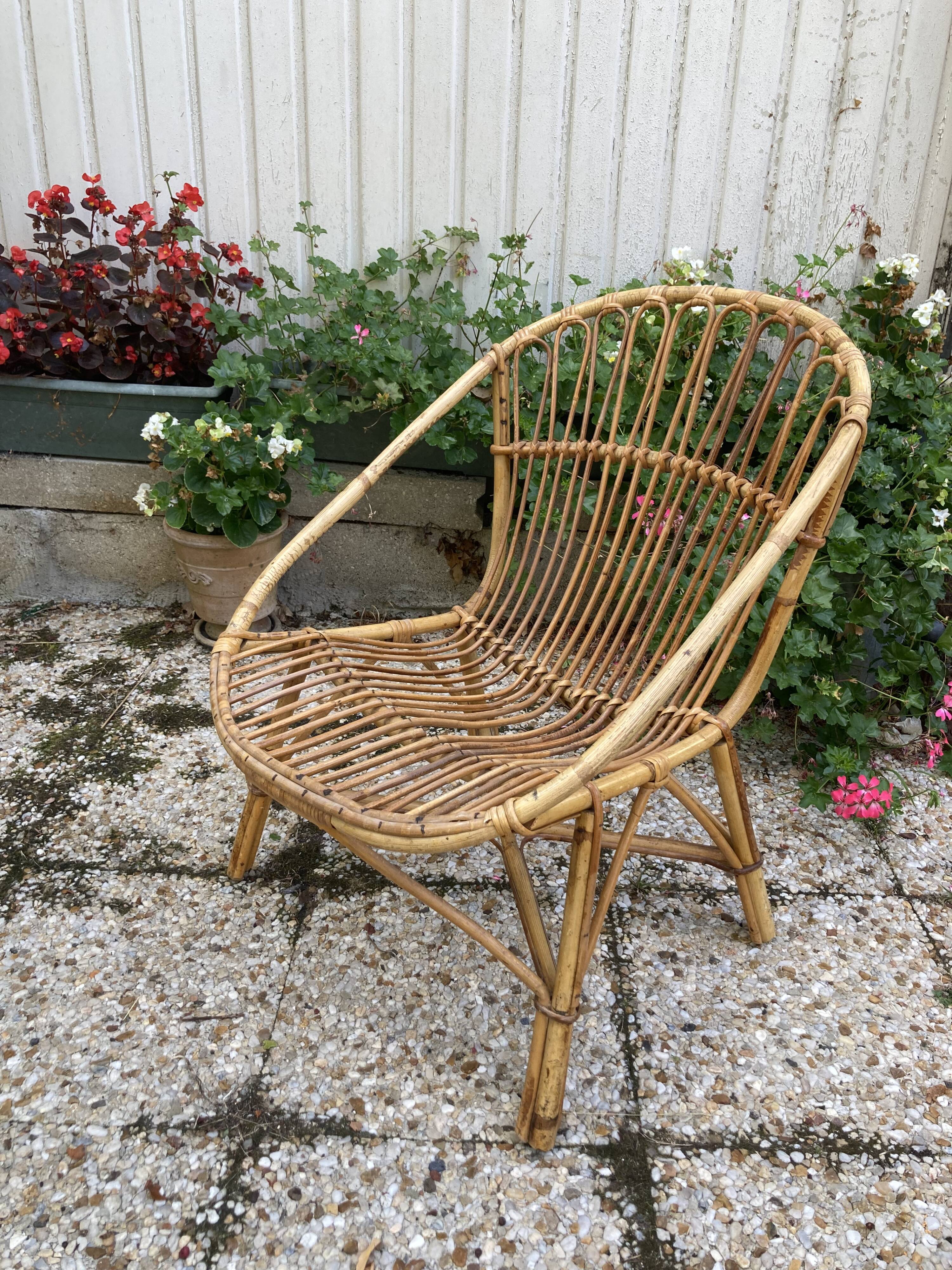 Set of 3 vintage rattan armchairs