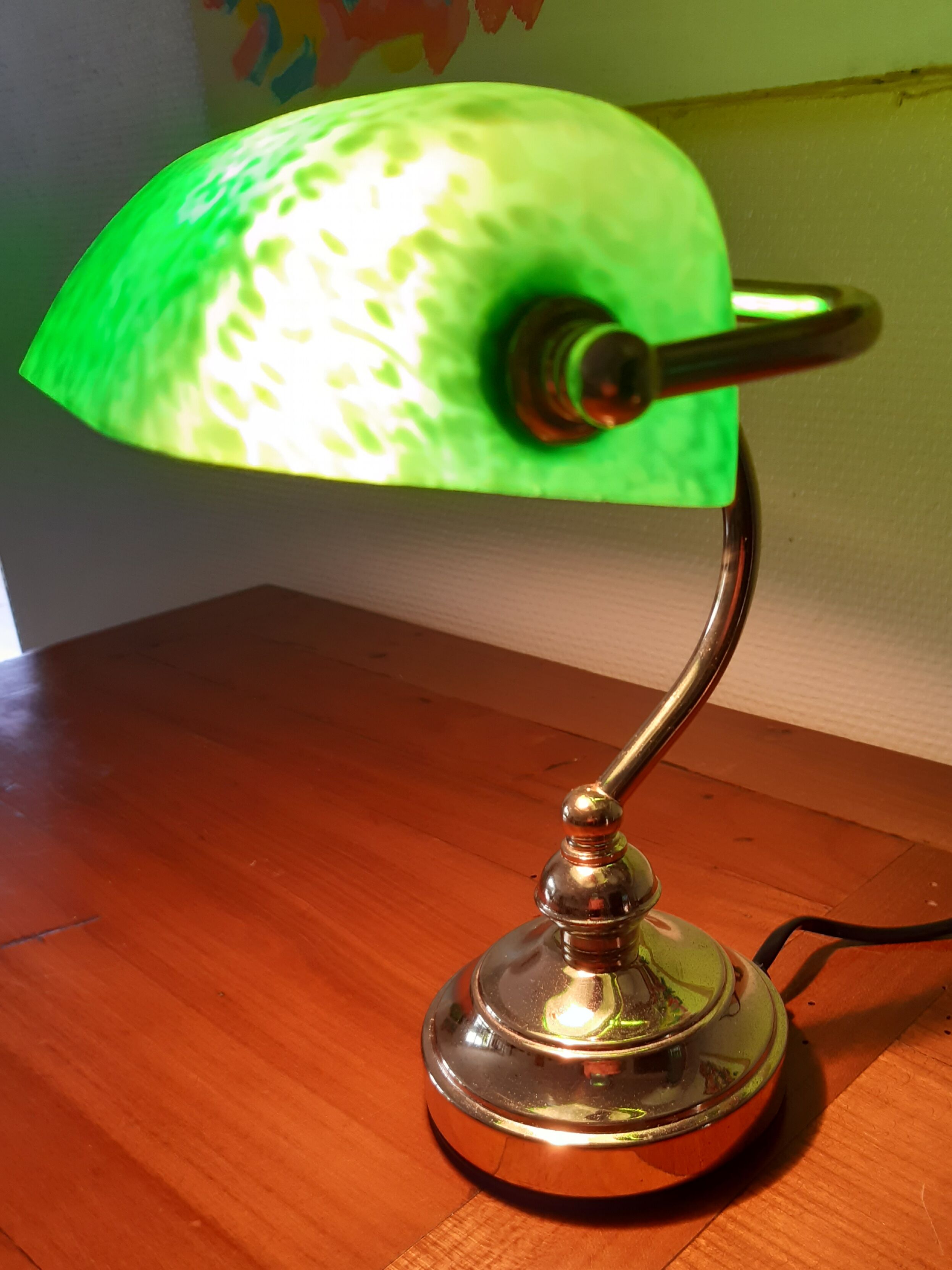 Glass and old brass banker lamp