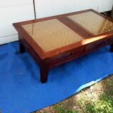 Walnut and rattan coffee table